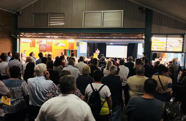 Close to 500 community members united at Cobbitty Public School hall on Wednesday night, following the announcement of the M9 Outer Sydney Orbital draft corridor. Picture: Daniel McGookin