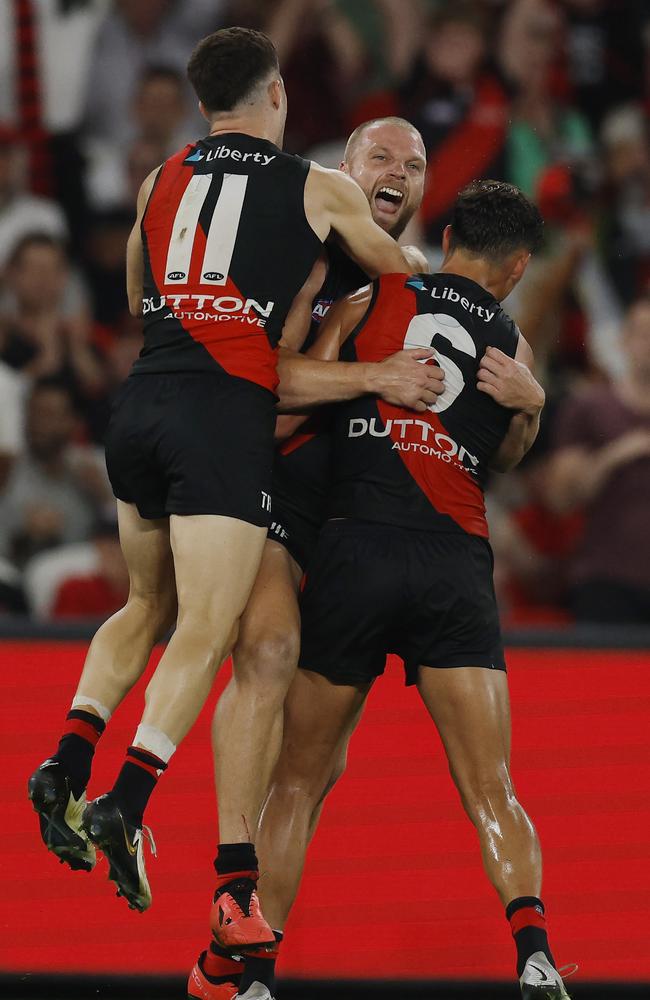 Jake Stringer celebrating the goal that put the Bombers in front in the final term. Picture: Michael Klein