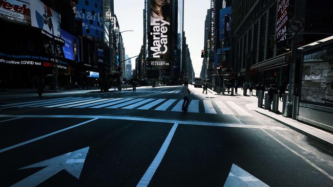 A near-deserted Times Square near Broadway in New York. Picture: Getty Images