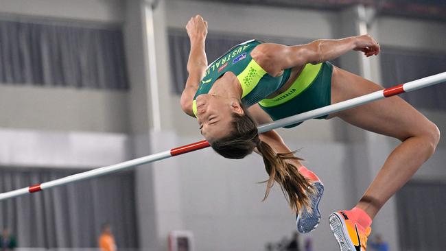 Nicola Olyslagers on her way to world indoor championship gold. Picture: Wang Zhao / AFP