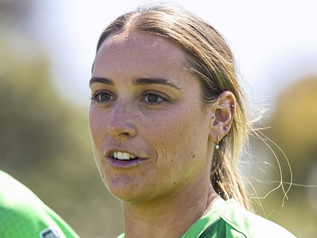 MELBOURNE, AUSTRALIA - OCTOBER 10:  Nicole Faltum (R) and Annabel Sutherland of the Stars speak to the media during the Women's Big Bash League Cricket Season Launch Ian Johnson Oval on October 10, 2022 in Melbourne, Australia. (Photo by Daniel Pockett/Getty Images for Cricket Australia)