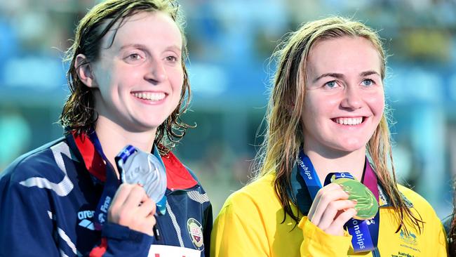 Ariarne Titmus will tackle swim legend Katie Ledecky, left, again. Picture: Getty Images