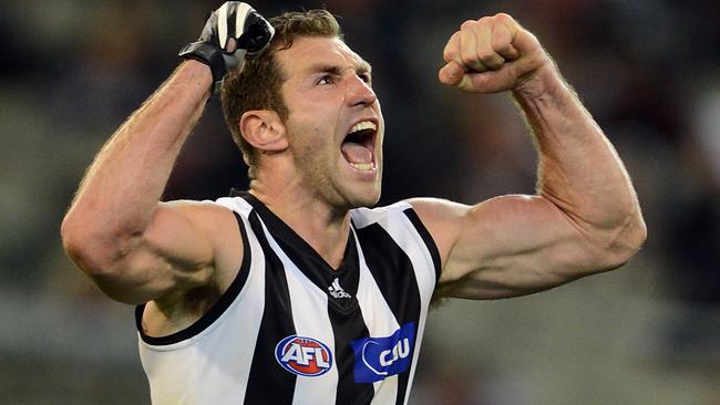 Travis Cloke celebrates one of his 441 goals for Collingwood.