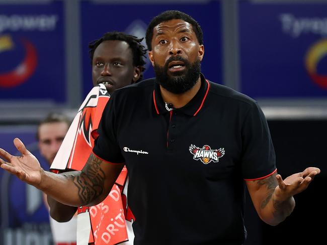 Hawks Head Coach Justin Tatum reacts after receiving a technical foul during the round 12 NBL match between Melbourne United and Illawarra Hawks at John Cain Arena. Photo: Josh Chadwick/Getty Images.