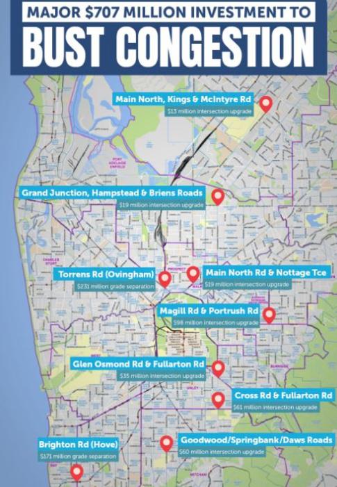 A map of transport infrastructure projects announced in today’s State Budget. Picture: SA Liberal Media