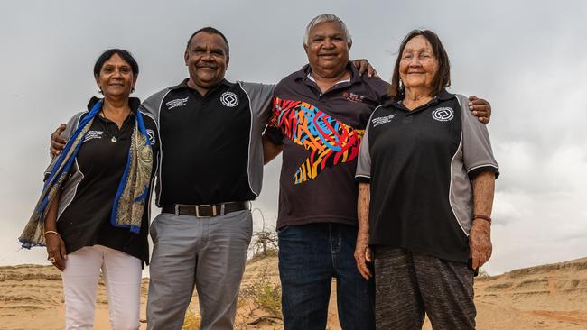 Patsy Winch – who supports the decision to rebury the remains – with Ivan Johnson, Warren Clark and Aunty Joan Slade at Willandra. Picture: Alex Pike