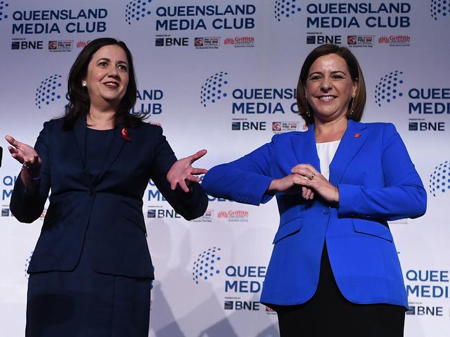 Premier Annastacia Palaszczuk (left) and Opposition Leader Deb Frecklington at Friday’s Queensland Media Club debate. Picture: Dan Peled/NCA NewsWire