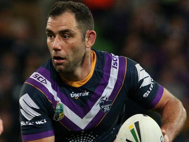 Cameron Smith of the Storm runs the ball forward during the Preliminary Final match between the Melbourne Storm and the Cronulla-Sutherland Sharks at AAMI Park in Melbourne, Friday, September 21, 2018. (AAP Image/Hamish Blair) NO ARCHIVING, EDITORIAL USE ONLY