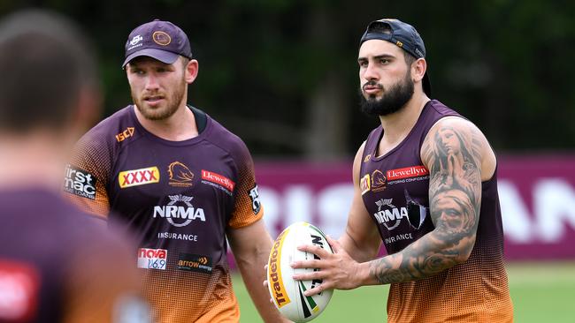 Jack Bird (right) and Matt Lodge during training on Tuesday. Picture: Dan Peled