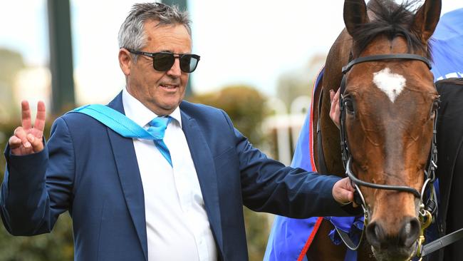 Trainer Lindsey Smith with Black Heart Bart after the Underwood Stakes. Pic: AAP