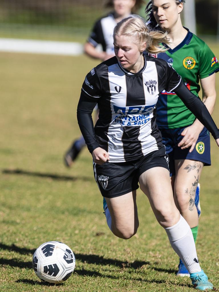 Nina King (front) of Willowburn under pressure from Brooke Baldwin of Highfields in FQPL Women Darling Downs Presidents Cup football at West Wanderers, Sunday, July 24, 2022. Picture: Kevin Farmer