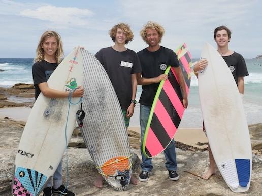 L-R: Jacob Hadges, Ethan Ford, Jordan Gilbert and Gully Thomas will all take part in the 2017 100 Waves Challenge at Maroubra Beach on March 6, raising money for SOAR South East Asia. The event is the Mr Gilbert's brainchild and now in its 4th year. Picture: Kristin Gilbert. Source: supplied.