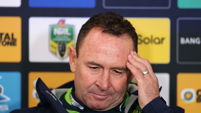 Ricky Stuart speaks at the post match press conference after the Cronulla loss. Picture: Brett Costello