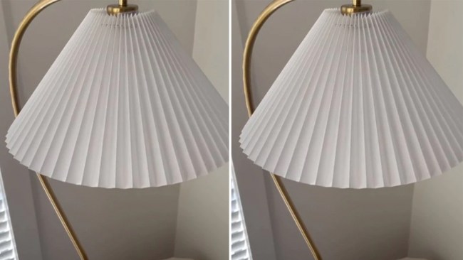 The lamp has a fan fold shade and a curved stand. Photo: Kmart