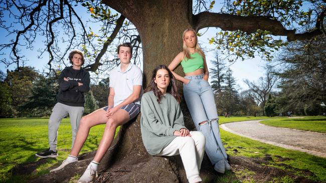 Year 12 students Jordan, 17, Hamish, 18, Liv, 17, and Sophia, 18, want an urgent meeting with Premier Daniel Andrews. Picture: Tony Gough