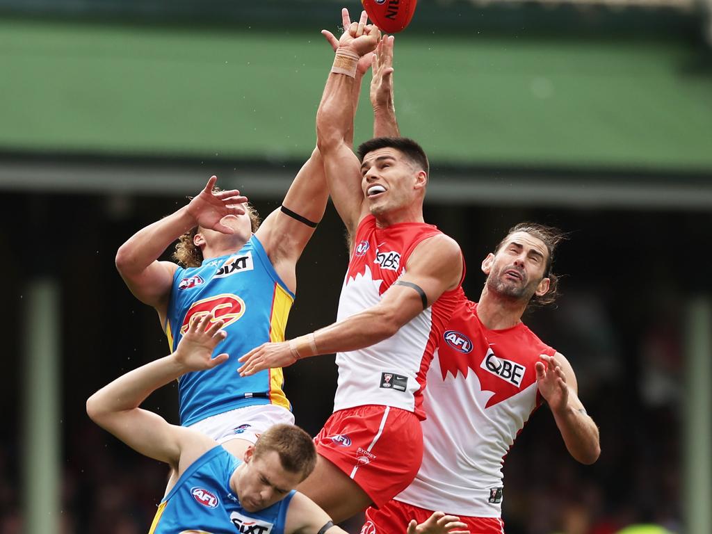 Lewis Melican and Brodie Grundy fly for a high ball. Picture: Matt King/AFL Photos/via Getty Images