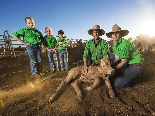 The Tickell family from Rylstone Station west of Charleville haven’t seen proper rain for as long as most of their kids have been alive. From left, Lucy, 8, Sophie, 6, Tom, 5, Cameron and Jacqui. Picture: Nigel Hallett