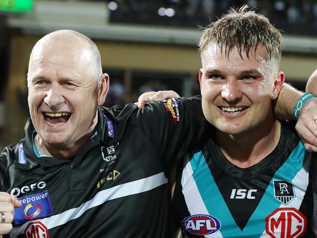 AFL FINALS - Thursday, 1st October, 2020, First Qualifying Final. Port Adelaide v Geelong Cats at the Adelaide Oval. Port Adelaide coach Ken Hinkley with Ollie Wines after the win Picture: Sarah Reed