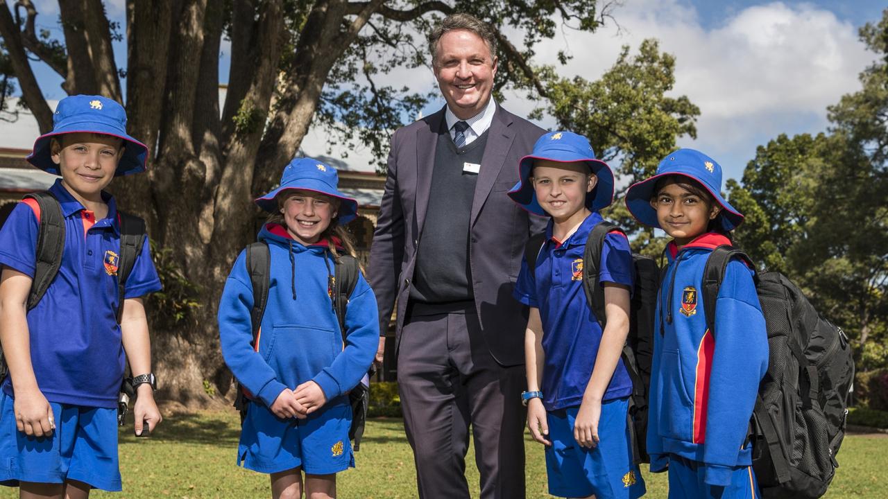 Downlands College principal Stephen Koch with students (from left) Cohen Moore, Sophie Reynolds, Jaxson Parker and Sasithmi Kevitiyagala as the college announces it will take Prep students from 2023, Wednesday, August 18, 2021. Picture: Kevin Farmer