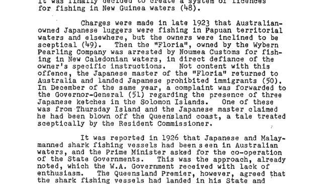 The Department of Commerce and Agriculture’s history of the pearling industry of Australia, published in 1955, recalls a 1924 scandal when the pearl lugger Floria was used to bring illegal Japanese immigrants into Australia. PICTURE: UNIVERSITY OF QUEENSLAND