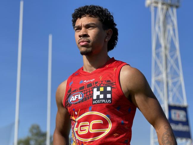 Suns player and Territorian Malcolm Rosas Jr at TIO Stadium ahead of Hawthorn match. Picture: (A)manda Parkinson