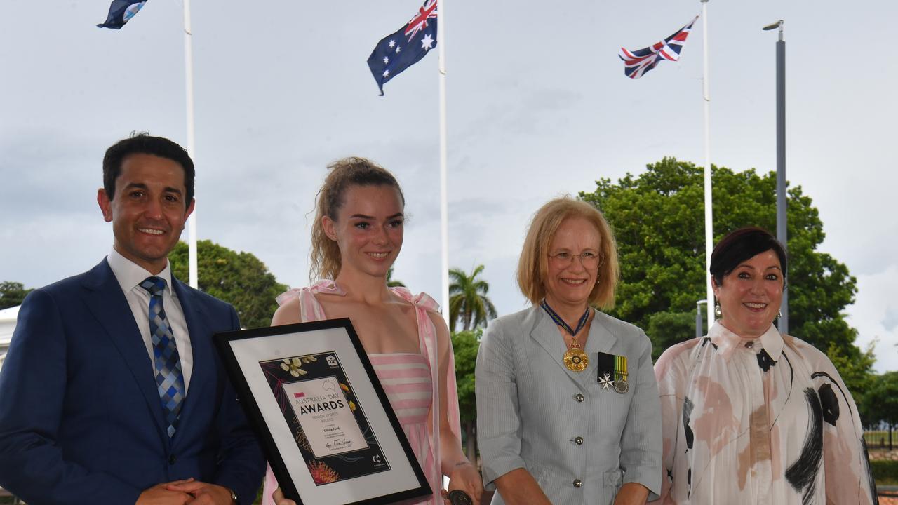 Australia Day at Jezzine Barracks, Townsville. Townsville City Council Australia Day Awards. Premier David Crisafulli, Senior Sports Award winner Olivia Ford, Governor Jeanette Young and Deputy Mayor Ann-Maree Greaney. Picture: Evan Morgan