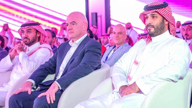 Saudi Crown Prince Mohammed bin Salman MBS, right, and FIFA president Gianni Infantino in Riyadh. Picture: AFP