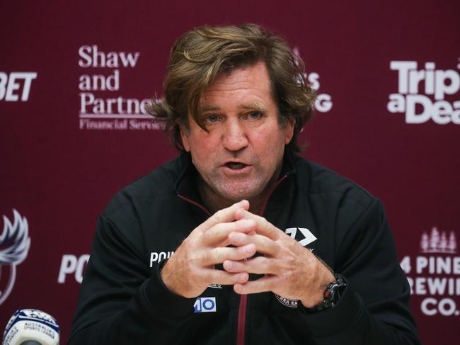 SYDNEY, AUSTRALIA - NCA NewsWire Photos - July 26, 2022: Manly Sea Eagles Coach Des Hasler addresses the media ina  press conference in Sydney. Manly has been plunged into chaos with a host of players considering pulling out of Thursday nightâs clash against the Sydney Roosters because of the clubâs inclusive jersey.Picture: NCA Newswire / Gaye Gerard