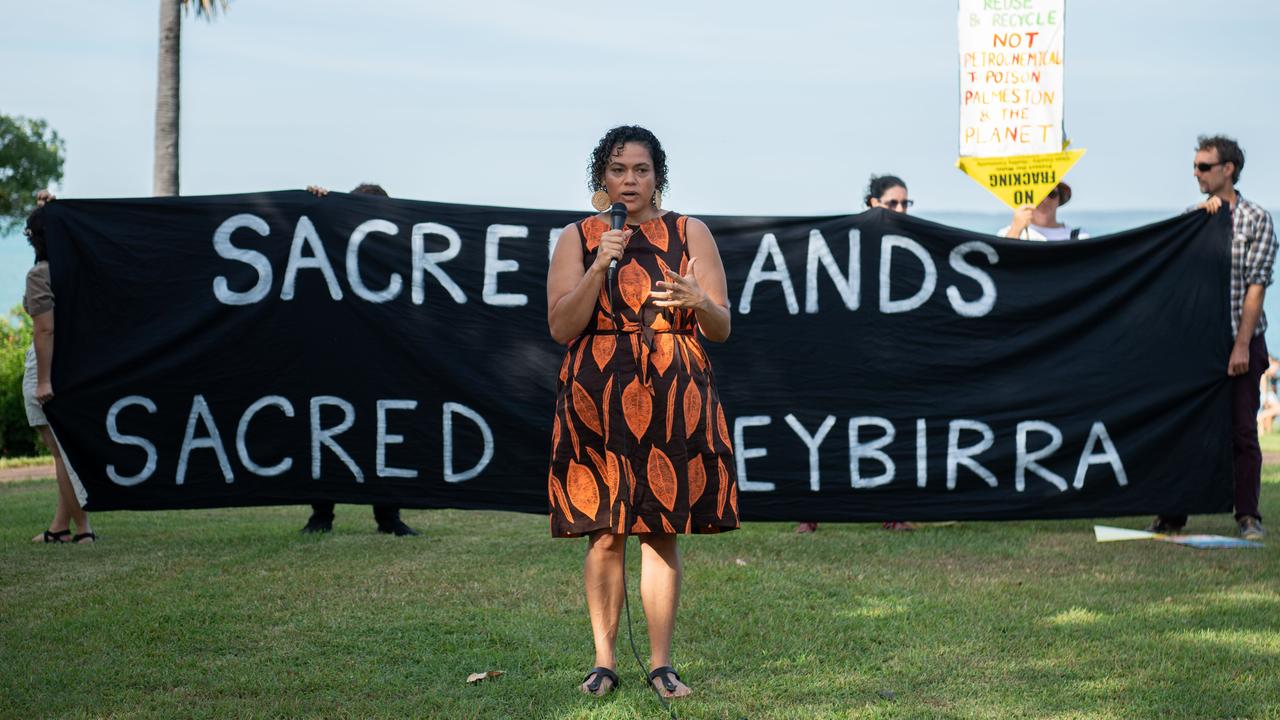 Larissa Baldwin-Roberts, CEO of Get Up as more than a hundred gathered to protest Middle Arm ahead of the second day of public hearings about the proposed development in Darwin. Picture: Pema Tamang Pakhrin