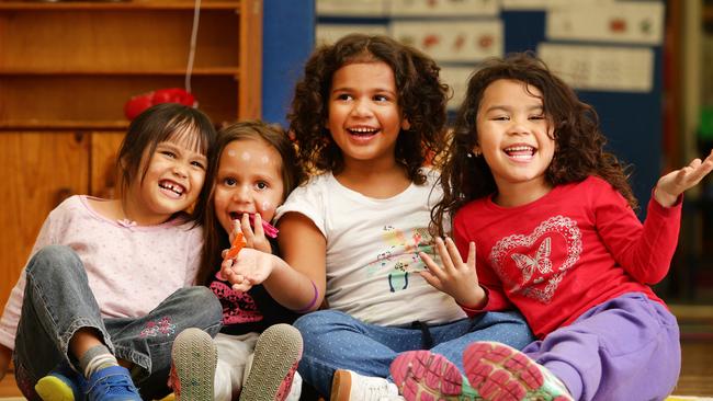 Preschoolers Ciara Cameron-Gleeson, 4, Laylah-Lee Winters, 3, Laquaelah Carr, 4 and Jaylani Sanders, 4 at Poets Corner Preschool in Redfern. Picture: Jonathan Ng