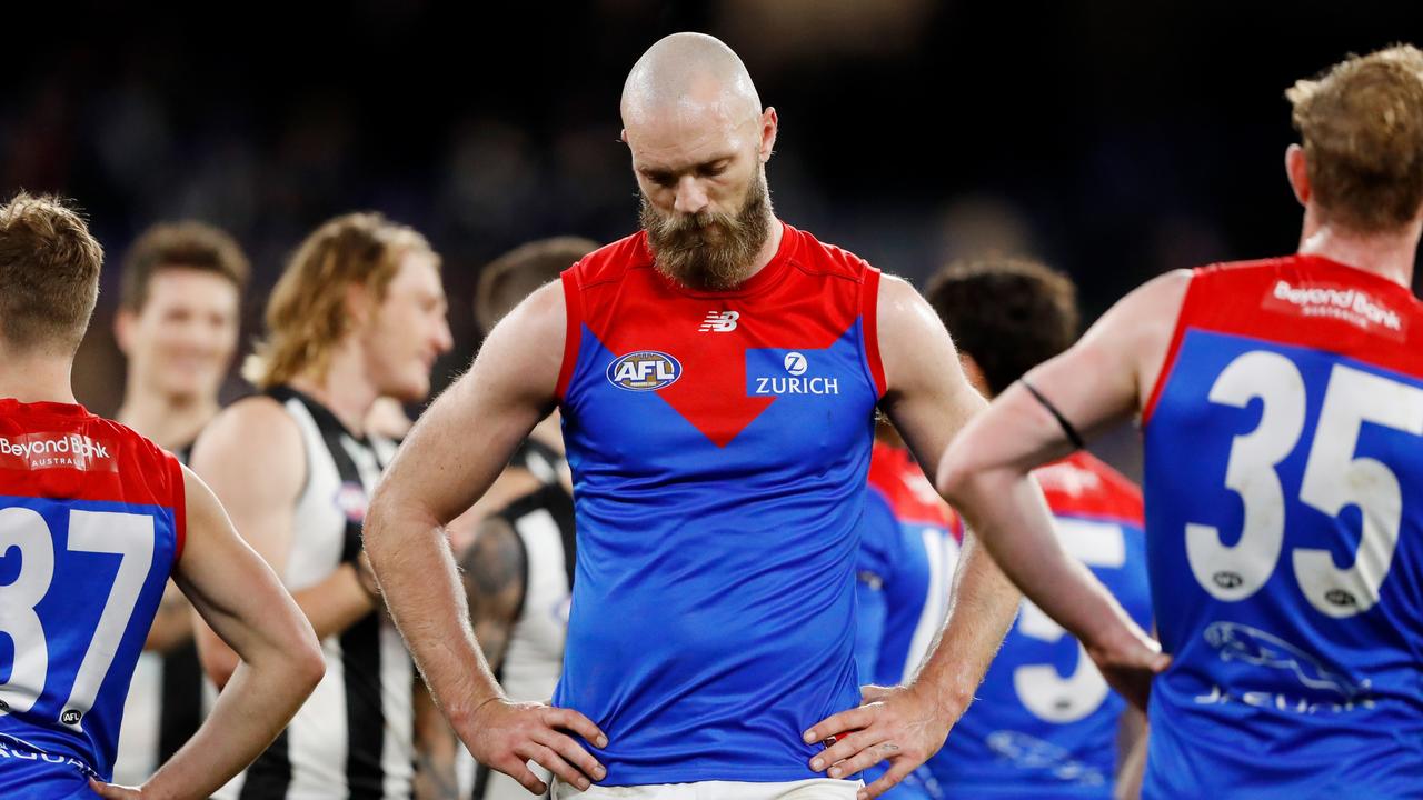 Max Gawn looks dejected after a loss to Collingwood. Picture: Dylan Burns