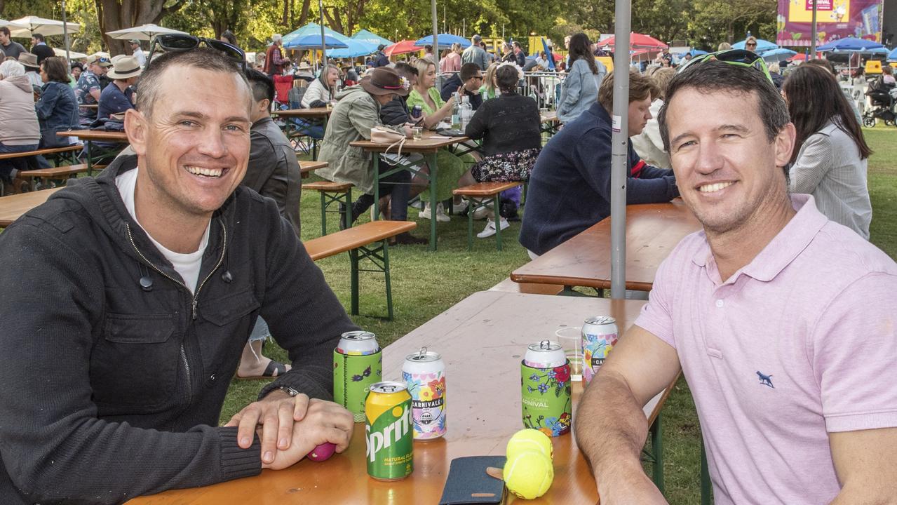 (from left) Marcus Weller and Weston Higgins. Festival of Food and Wine, Queens Park, Toowoomba Carnival of Flowers. Sunday, September 11, 2022. Picture: Nev Madsen.
