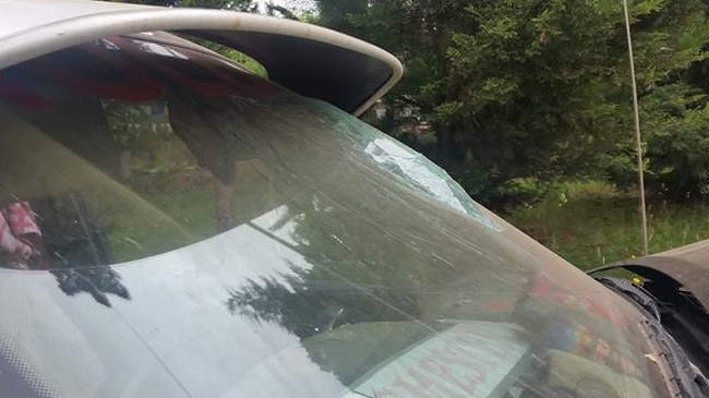 A damaged car window following a recent accident on Kilmore-Lancefield Rd.