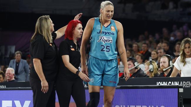 A shattered Lauren Jackson leaves the court during the round 13 WNBL match between Southside Flyers and Sydney Flames. Picture: Daniel Pockett/Getty Images