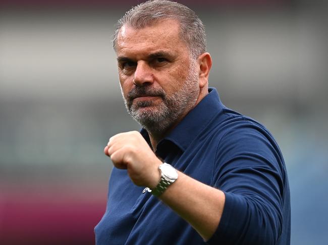 BURNLEY, ENGLAND - SEPTEMBER 02: Ange Postecoglou, Manager of Tottenham Hotspur, celebrates his team's victory after the Premier League match between Burnley FC and Tottenham Hotspur at Turf Moor on September 02, 2023 in Burnley, England. (Photo by Gareth Copley/Getty Images)