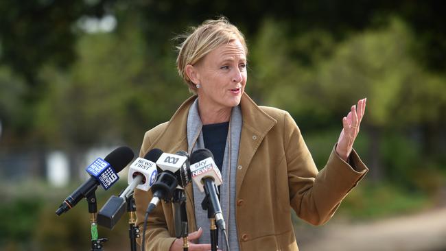 The Liberal candidate for Higgins, Katie Allen, give a presser at Murrumbeena reserve in Murrumbeena, Victoria. Picture: Tony Gough