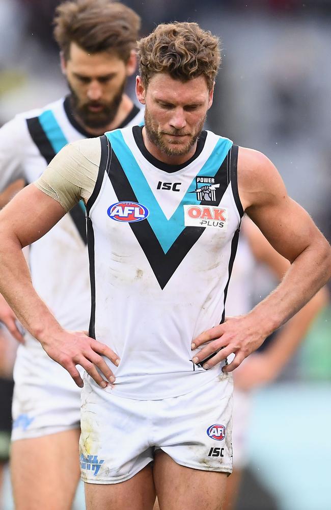 Brad Ebert of the Power looks dejected after the loss to Collingwood yesterday. Picture: Quinn Rooney/Getty Images