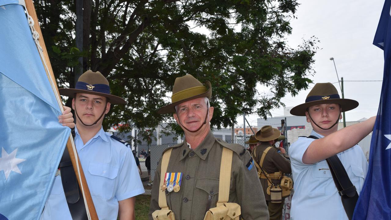 Cadet Corporal Brock Rowley, 9th battalion AIF Living History Unit member David Bell and cadet leading captain Ewan Hack.