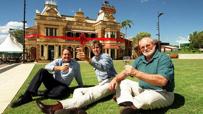 Breakfast Creek Hotel regular drinkers (L-R) Tim Kinivan, Mal Goodwin and Mal Lindley outside on the lawn in front of the revamped hotel. Picture: Tom O’Connor