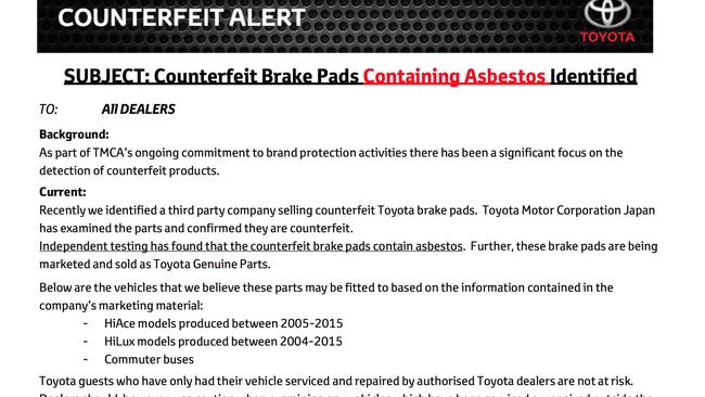 Shock finding ... The Toyota dealer bulletin warns of counterfeit brake pads containing asbestos. Picture: Supplied