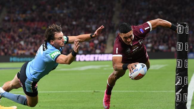 Valentine Holmes opened the scoring in his return the wing, scoring his ninth try in seven games for Queensland. Picture: Getty Images.