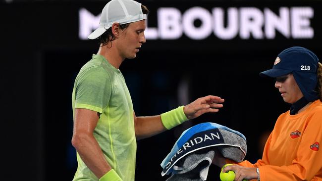 Czech Republic's Tomas Berdych is in all sorts of trouble against Roger Federer. Picture: AFP