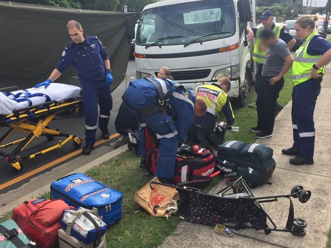 CareFlight’s rapid response medical team have flown to two different missions within the hour this morning, treating a patient at Northmead and Kings Langley. At 10.08am, CareFlight’s rapid response helicopter was tasked to Windsor Road at Northmead after a three-year-old girl was hit by a truck.It is understood the toddler was waiting with her mother to cross the road when the pram she was in was hit by a truck and pushed forward about 15 metres before coming to a stop. Picture: CareFlight