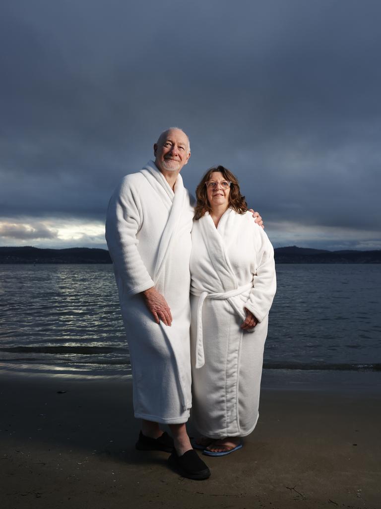 Dennis and Dianne Donaldson married couple from Brisbane who keep returning to Hobart to take part in the swim. Dark Mofo Nude Solstice Swim 2024 at Long Beach Sandy Bay. Picture: Nikki Davis-Jones