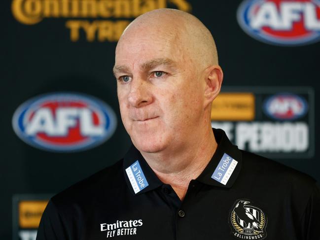 MELBOURNE, AUSTRALIA - OCTOBER 09: Graham Wright, GM of Football of the Magpies speaks with media during the 2023 Continental Tyres AFL Trade Period at Marvel Stadium on October 09, 2023 in Melbourne, Australia. (Photo by Michael Willson/AFL Photos via Getty Images)