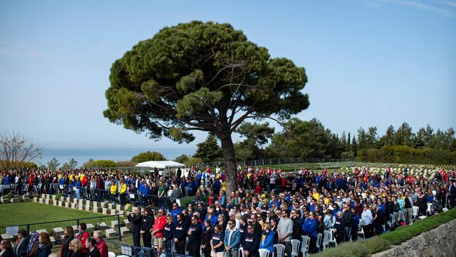 Question 1: People gather during a ceremony at Lone Pine Cemetery on the Gallipoli Peninsula on April 25 last year. Picture: Yasin Akgul/AFP