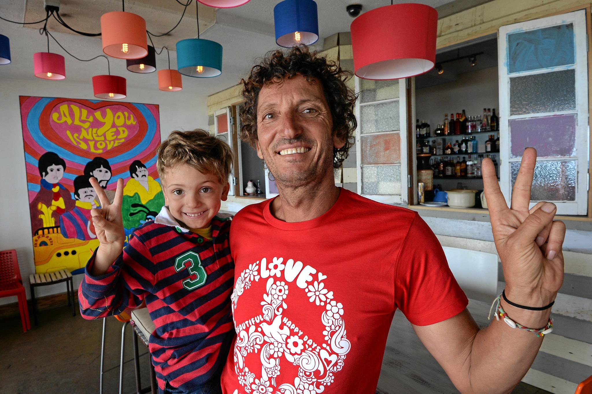 Inspired by the Dailys stories on the need for beach shacks, popular Coolum restaurant MyPlace has transformed its inside into a beach shack. Owner David Hadid with his son Shadi, 4. Picture: Patrick Woods