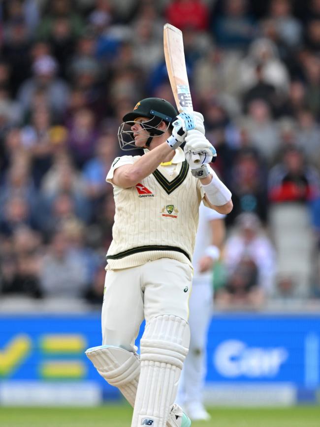 Steve Smith hits out on day one of the fourth Ashes Test at Old Trafford. Picture: Getty Images