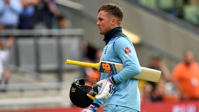 England's Jason Roy walks off for 85. (Photo by Paul ELLIS / AFP)