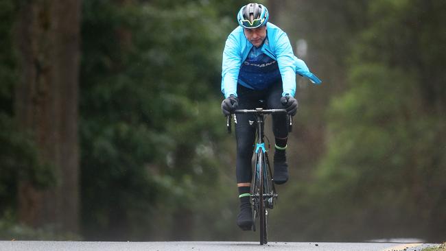 Schwass rode his bike up and down Mount Macedon for more than 24 hours with around 9000 verticals metres of climbing (equivalent to the height of Mount Everest) to raise awareness for mental health issues in the community. .Picture: Michael Klein